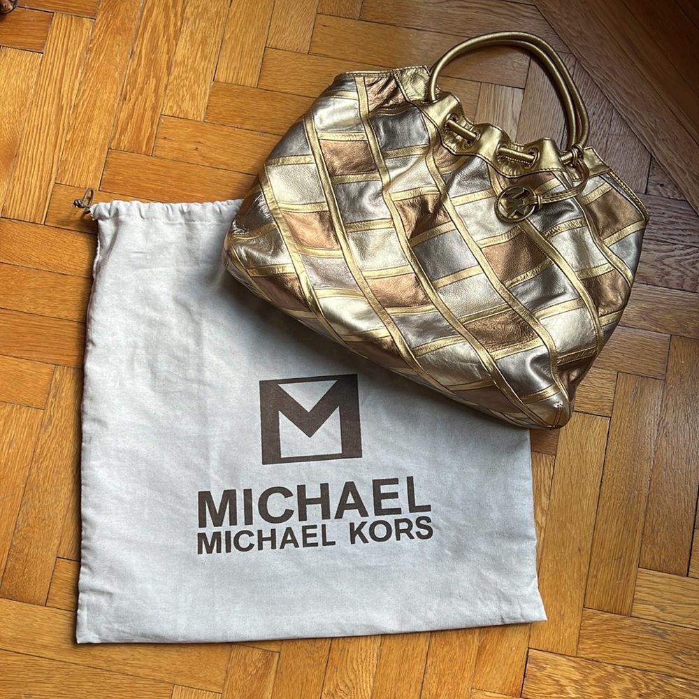 MICHAEL KORS Metallic Leather Patchwork Shoulder Tote Bag Hobo Gold Bronze